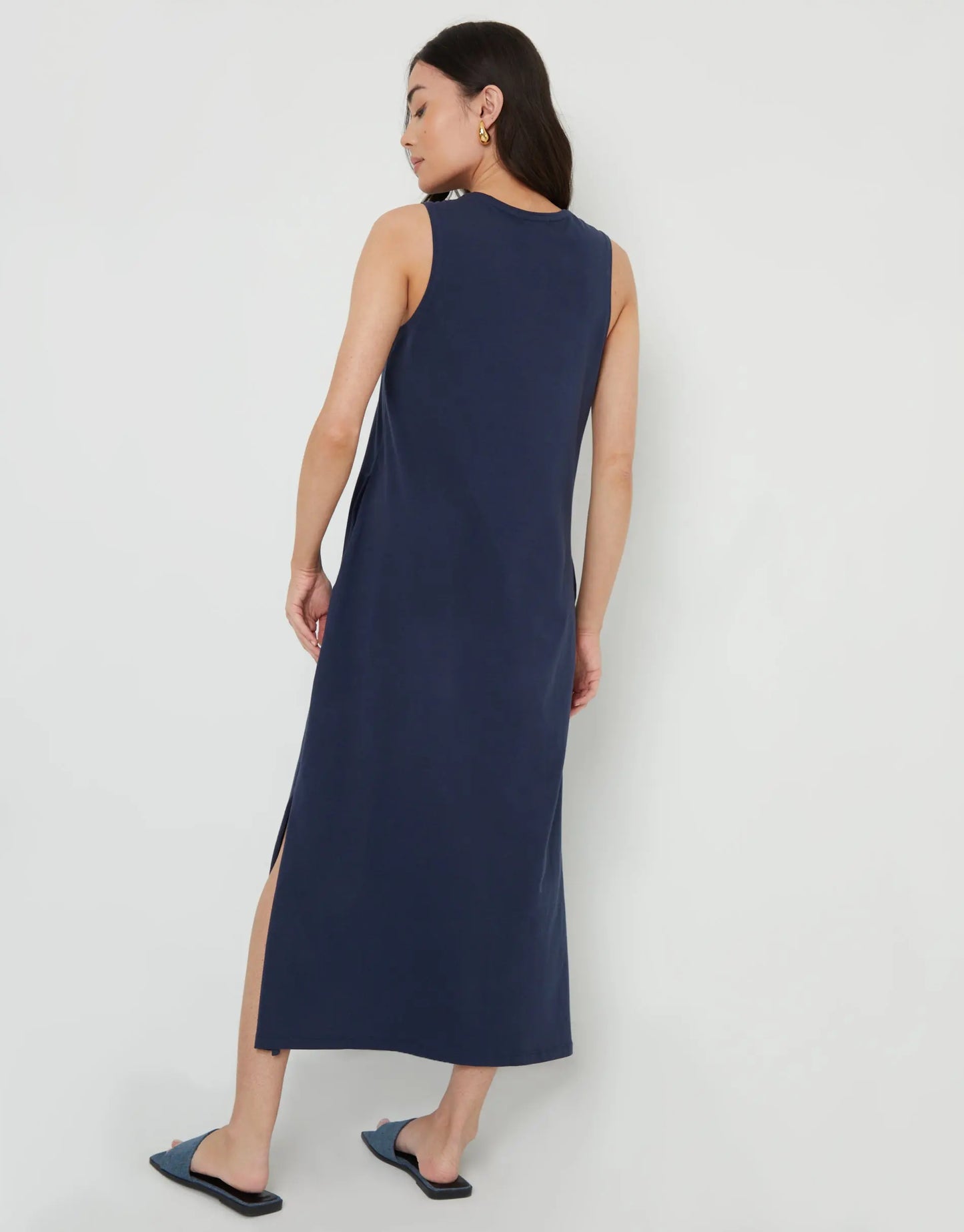 Women's Navy Sleeveless Jersey Midi Dress with Pockets Siouxe
