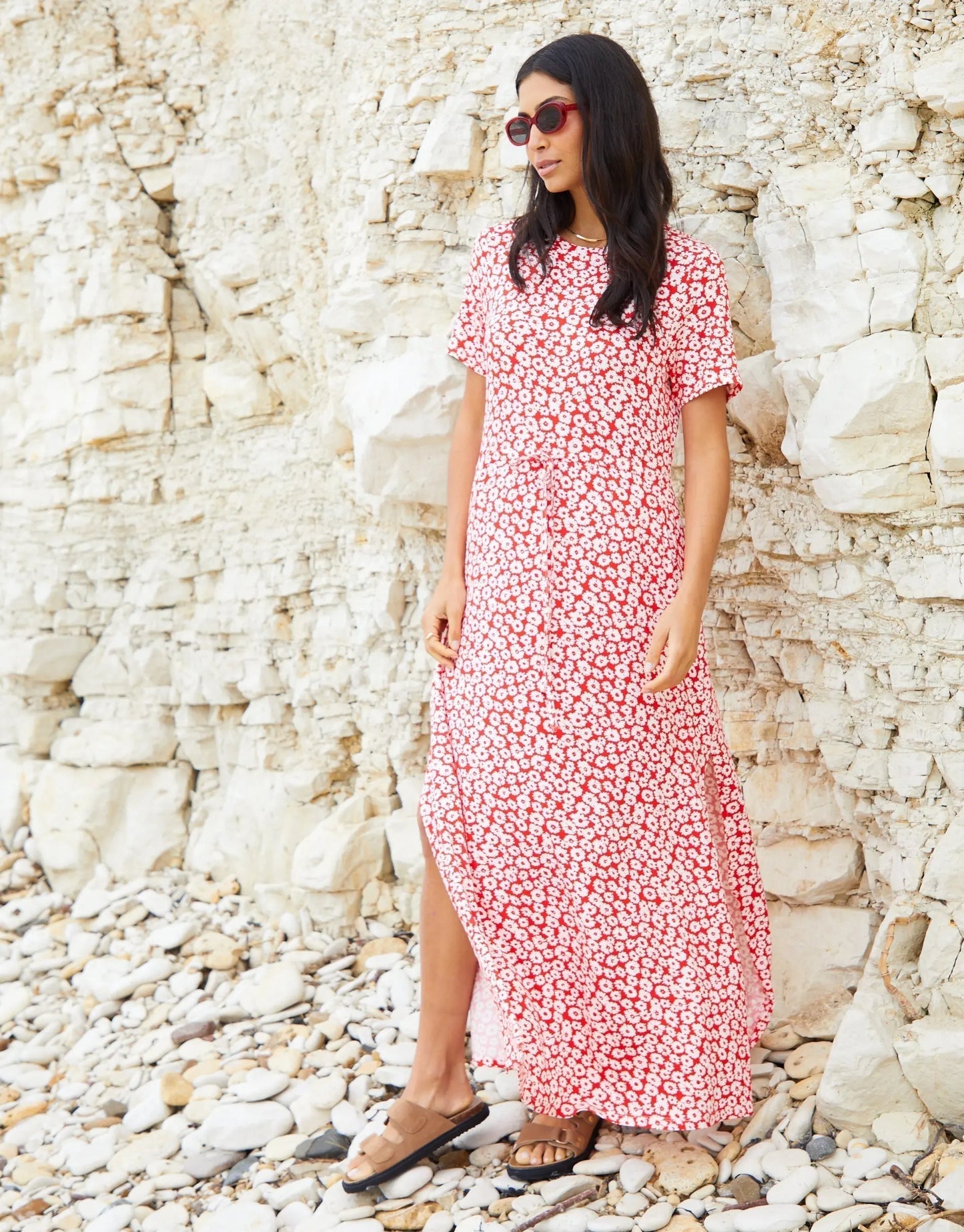 Women's Red Floral Ruched Waist Jersey Midi Dress with Pockets Siouxe