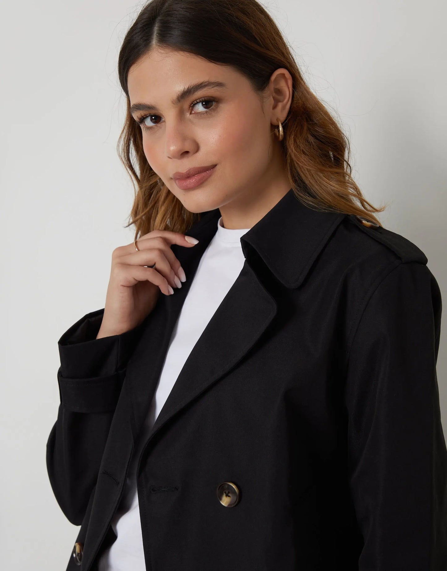 Women's Black Double Breasted Cropped Trench Coat Siouxe