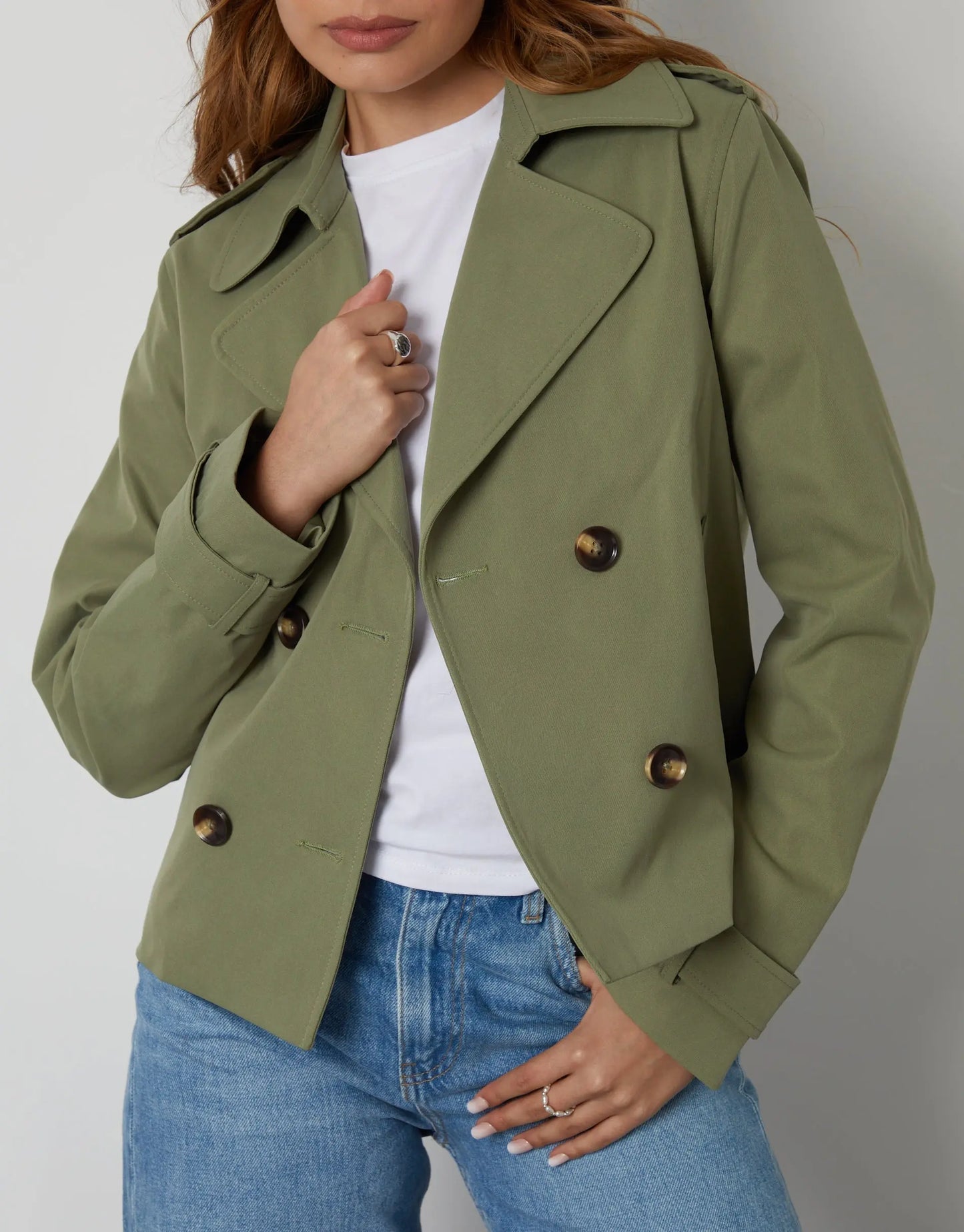 Women's Khaki Double Breasted Cropped Trench Coat Siouxe