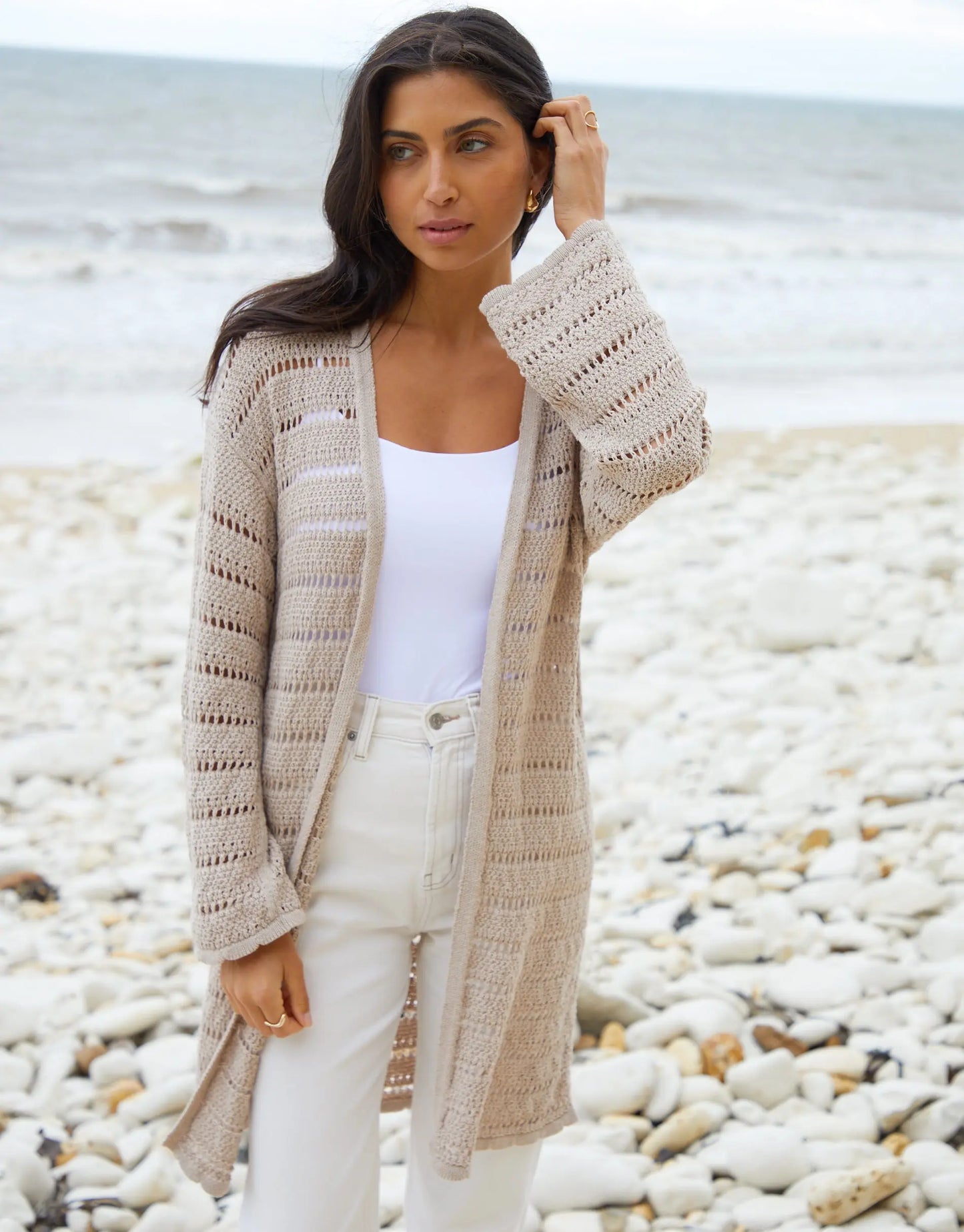 Women's Stone Longline Crochet Cardigan Siouxe